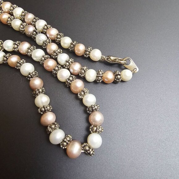 Classic 18" Freshwater Pearl Necklace Pink White Silver Beads Feminine Romantic - Picture 15 of 16